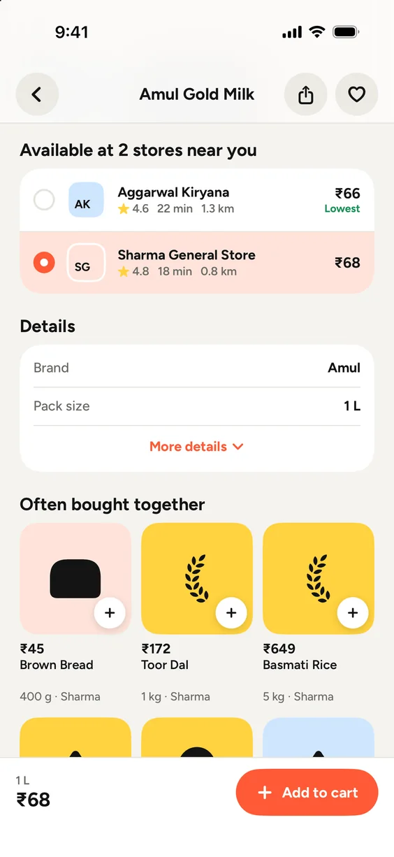 A product page: Amul Gold Milk at two stores near you, with their prices side by side and the lowest marked.