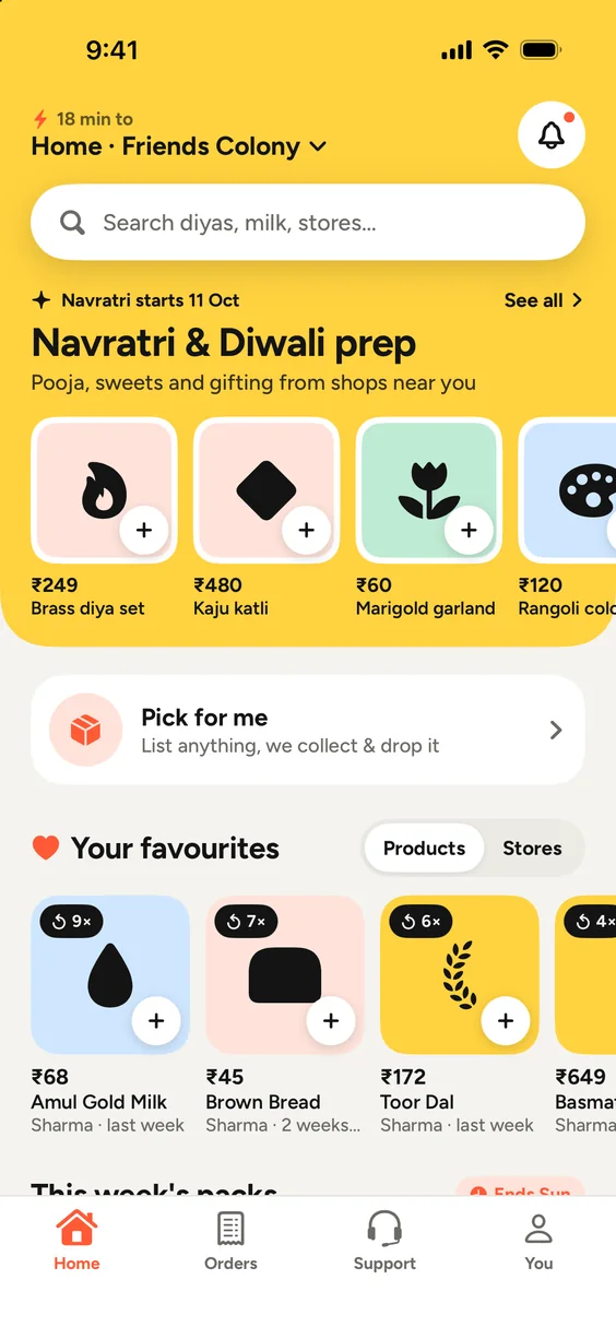 The audoor home screen: delivery to Home in 18 minutes, festive picks from nearby shops, Pick for me and your favourites.