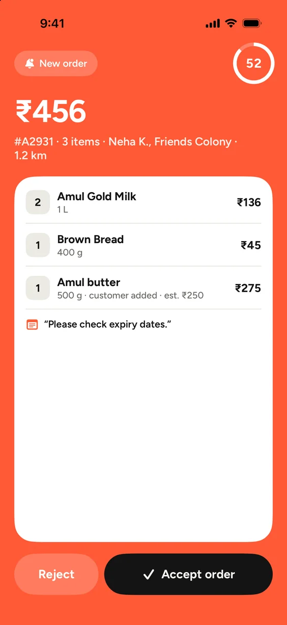 The store app: a new ₹456 order ringing, with its items, a note from the customer and a countdown to accept it.
