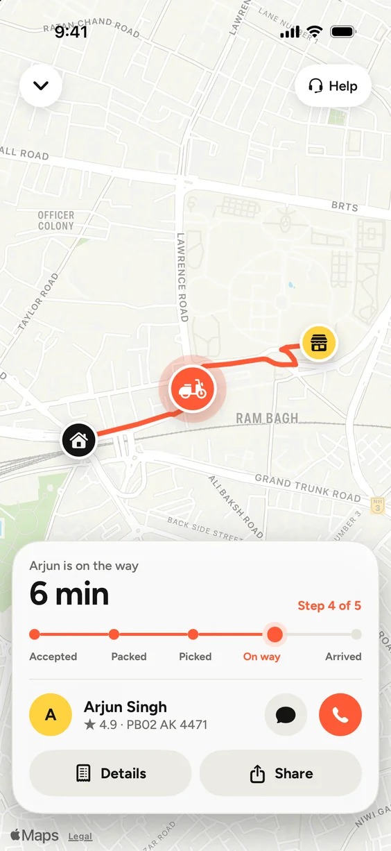 Live tracking: Arjun, the delivery partner, is on the way and 6 minutes from your door.